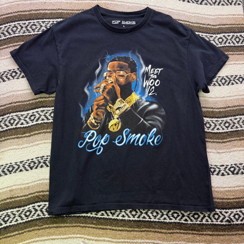 Pop Smoke Meet the Woo 2 Album Black Blue Gold Airbrush Rap Tee Shirt Sz Large